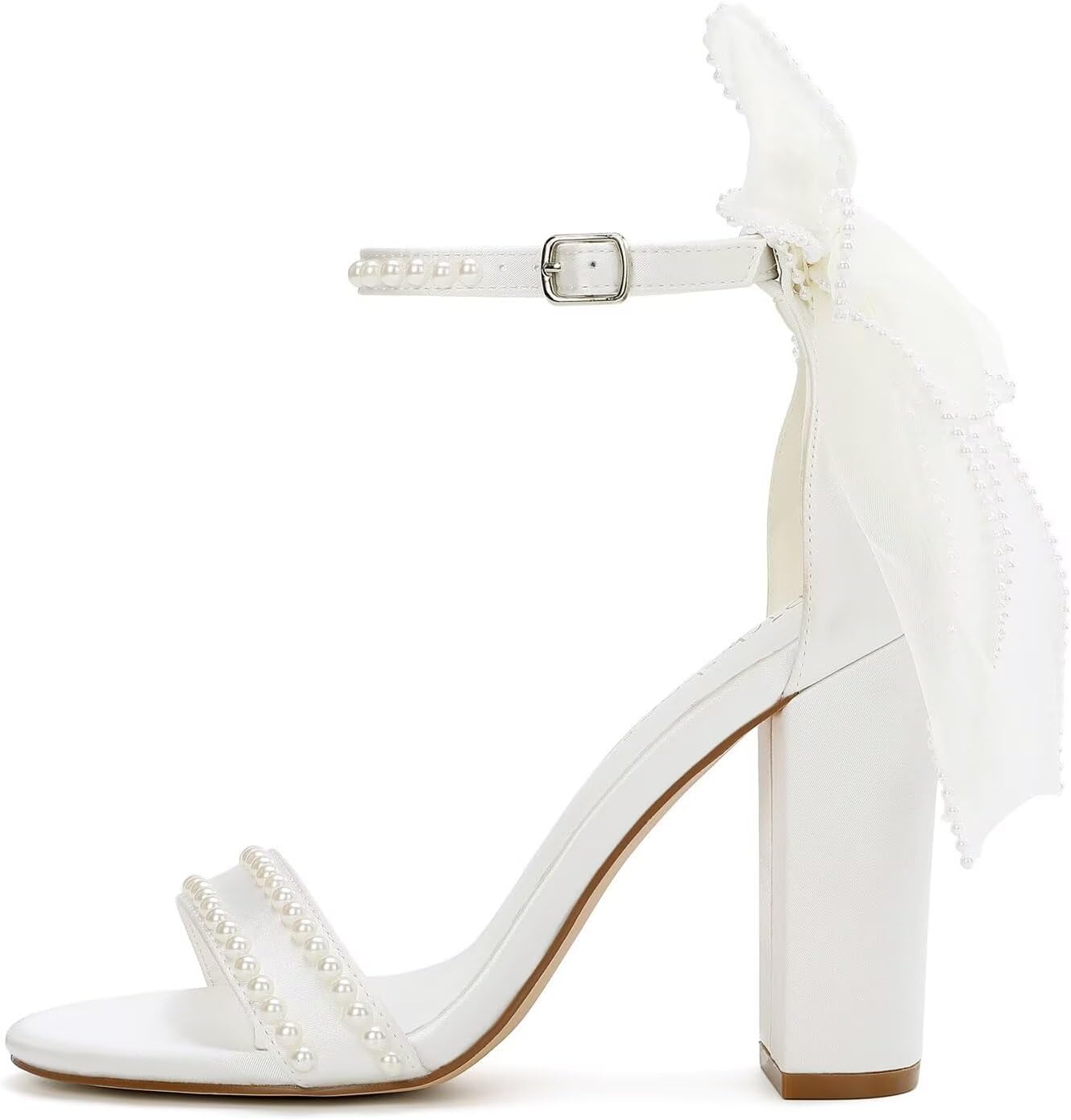 Block Heel Wedding Shoes for Bride Open Toe Pearl Heels with Bow Bridal Shoes Wedding Heels