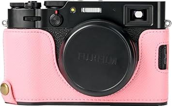 X100V Case, BMAOLLONGB Handmade PU Carbon Fibre Leather Half Camera Case Bag Cover Bottom Opening Version for Fujifilm X100V with Hand Strap Pink