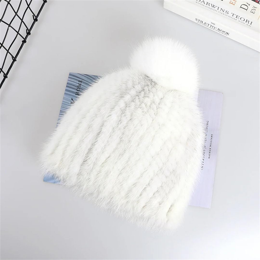 Cappello da donna in pelliccia di visone lavorato a maglia a mano berretto freddo cappelli in pelliccia pompon elastico
