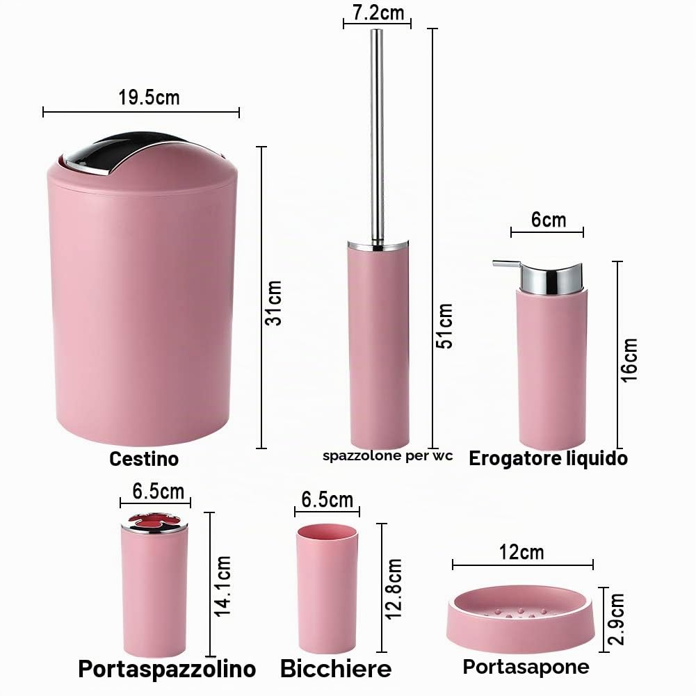 JOTOM Set di Accessori da Bagno Plastica da 6 Pezzi Set Bottiglia di Lozione da Bagno Tazza Spazzolino Portasapone Coppa del Dente(Rosa)