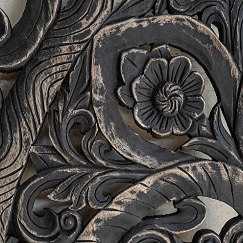 Texas King Wood Carve Headboard, Rustic Black Balinese Tropical Wooden Panels, Contemporary Bedroom Furniture, 80X66 Inches #TOP3