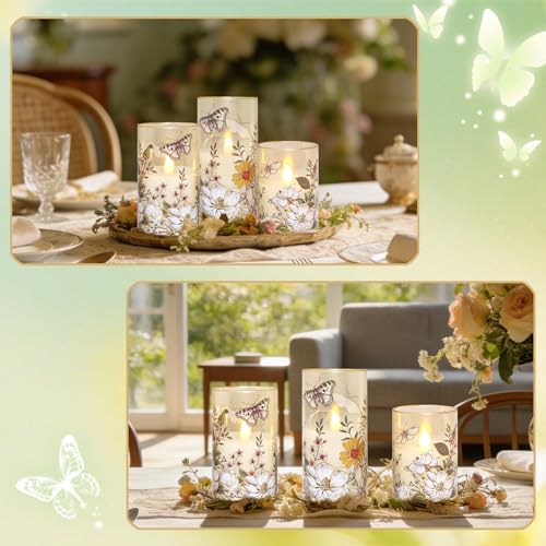 Image of MELTONE Flameless LED Candles Botanical Butterfly Design with Remote Control & Timer Function & Dimmable, Battery Operated Glass Candles for Home Party Wedding Christmas Spring Decor, Set of 3