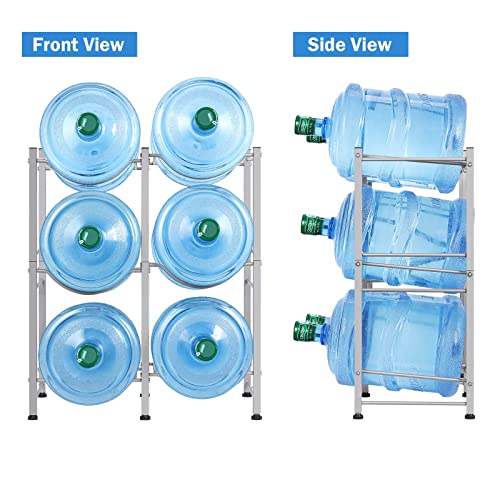 Image of LIANTRAL 5 Gallon Water Bottle Holder, 3 Tier Silver Double Row Heavy Duty Cooler Jug Rack with 6 Slots for Home Kitchen