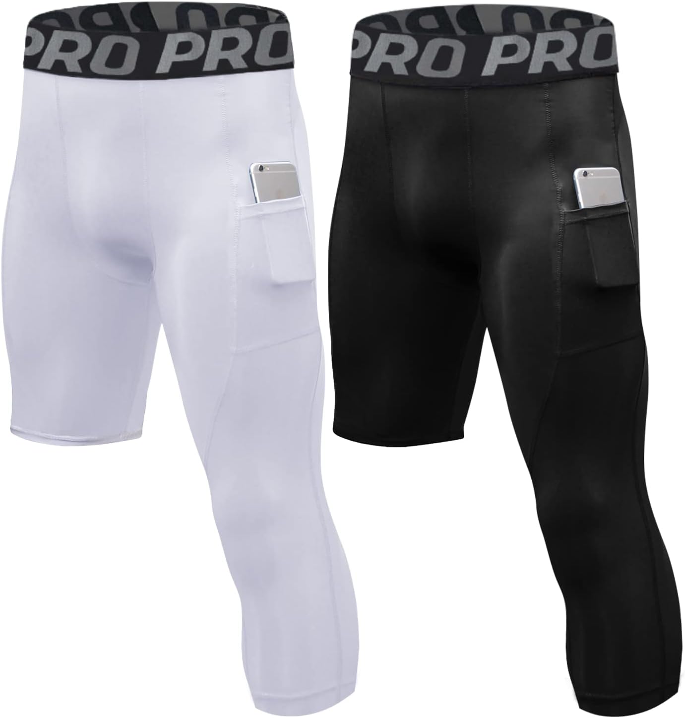 2 Pack Single Leg Compression Pants Men 3/4 Length for Basketball Tights Running Capri Leggings Athletic Baselayer