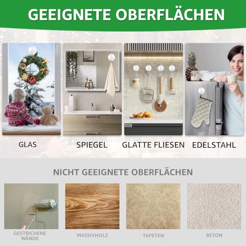 GeeMiLo Saugnapf mit Haken, Saughaken - [max. 4.5kg] [Ø 45 mm] [12 Stück], Hochwertige Saugnäpfe, Suction Cup Hooks für Camping | Badezimmer | Küche | Auto | Fenster, Wandhaken | Weihnachtsdeko