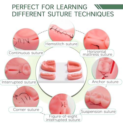Dental Suture Practice Kit - Dental Suture Training Kit for Gum Cutting & Gingival Suturing, Oral Suture Practice Kit for Dental Students Dentist, 4 Silicone Dental Suture Pads Modules with 8 Sutures