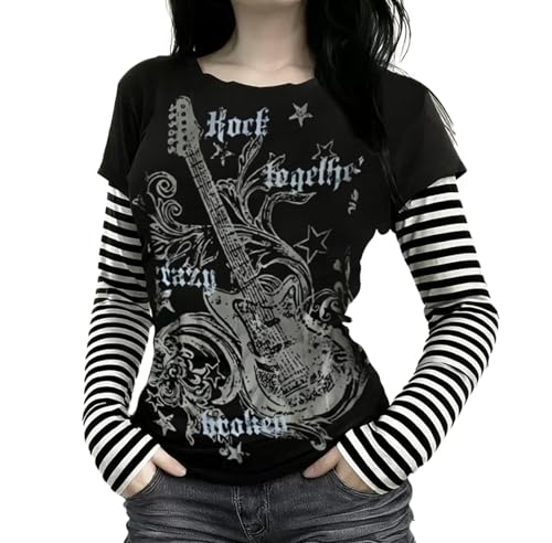 Womens Y2K Stripe Vintage Graphic Sweatshirt 2000s Grunge Slim Fit Long Sleeve Tops Punk Retro Alt Pullovers-image-2
