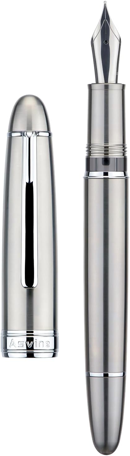 Asvine J16 Solid Titanium Fountain Pen Jowo Fine Nib Piston Filling, Ink Window Design with Wrench and Pen Box