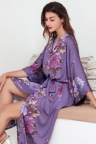 BABEYOND Women's Kimono Robe Long Satin Silky Floral Lightweight Bridesmaid Wedding Bachelorette Party Robe3