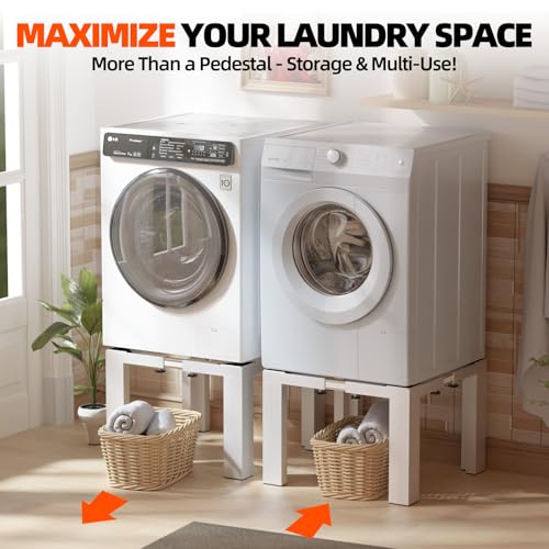 Dollate Heavy-Duty Laundry Pedestal, 12\" Height Washer Dryer Base with Full Size Adjustable Width, Washing Machine Stand with Non-Slip Mat & Markings, 1500LBS Capacity, White