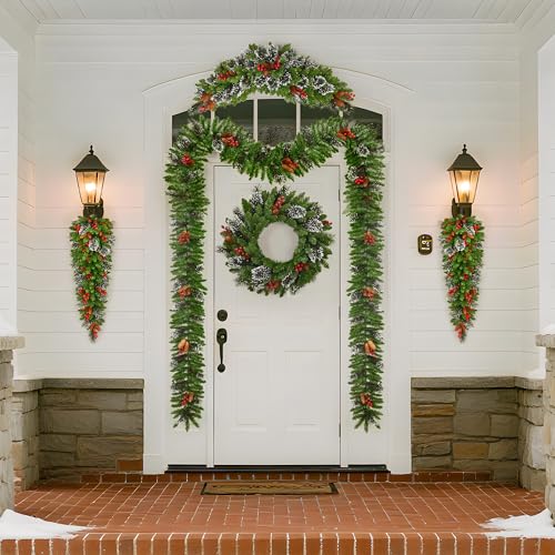 Pre-Lit LED Artificial Christmas Garlands Set of 6-2 Pcs Long Garlands, 2 Pcs Teardrop Decorations, 1 Round Wreath & 1 Arc Garland, Pine Cones, Berry Clusters, Christmas Collection