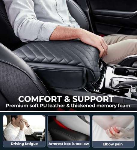Image of Center Console Cover for KIA Telluride 2026 2025 2024 2023 2022 2021 2020, 1.2-Inch Thick PU Leather Middle Armrest Cushion Protector Pad with 2 Side Pockets for 2020-2026 Telluride, Black