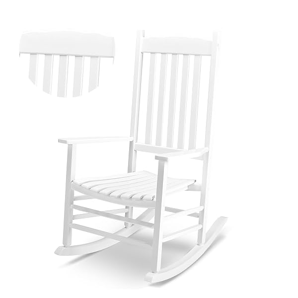 Outvita Outdoor Rocking Chair, Solid Wood High Back Rocker, All Weather Lounge Chair for Porch Patio Fire Pit Garden Backyard Deck Indoor, Wave Shape, White