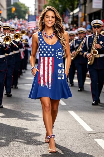 Image of Roshop Womens Juneteenth Flag Sleeveless Dress 4th of July Patriotic Swing Sundress with Pockets