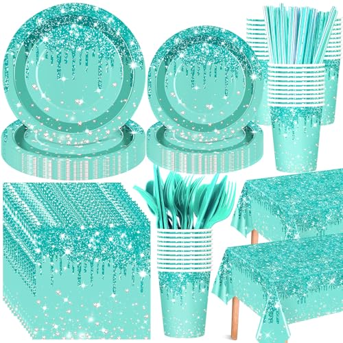 Funnymoom 452 Pcs Teal and Silver Birthday Party Decoration, Glitter Teal Paper Plates and Napkins Cups Tablecloth Cutlery Straws Turquoise Disposable Tableware Set for Women Birthday Supplies