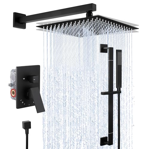 KES Shower Faucets Sets Complete 12-Inch Rain Shower Head with Handheld Spray Shower Slide Bar Including Rough-in Valve and Trim Kit Matte Black, XB6250-BK -  KES Sanitary Ware, XB6250S12-BK