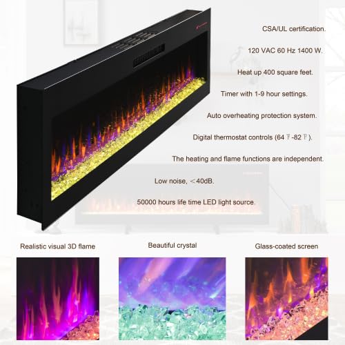 60inch Electric Fireplace with 16 Color Adjustable 3D Flame, with Fireplace Remote Control, Timer, 64F-82F Wall-mounted Corner Electric Fireplace Heater Firebox