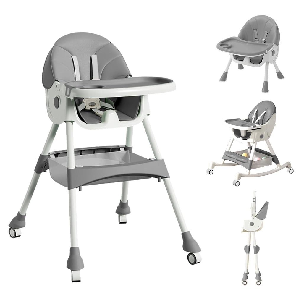 High Chairs for Babies and Toddlers, 4 in 1 Convertible Baby High Chair, Portable High Chair for Travel with Adjustable Height and Back, Foldable HighChair with Wheels& Pu Cushion (Grey)