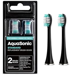 AquaSonic Genuine Standard Replacement Brush Heads | ADA Accepted | for Normal & Sensitive Teeth | Compatible with Many AquaSonic Toothbrush Handles (2 Pack Black)