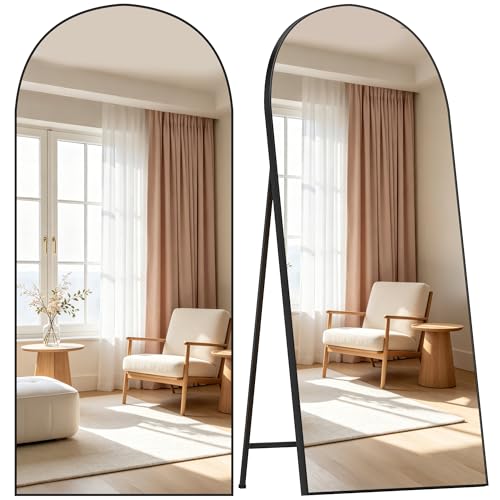 HOMCOM Espejo de Cuerpo Entero, 180x80 cm, Espejo de Pie Arqueado, Marco de Aluminio Negro, Independiente, Apoyado y de Pared, para Dormitorio, Salón
