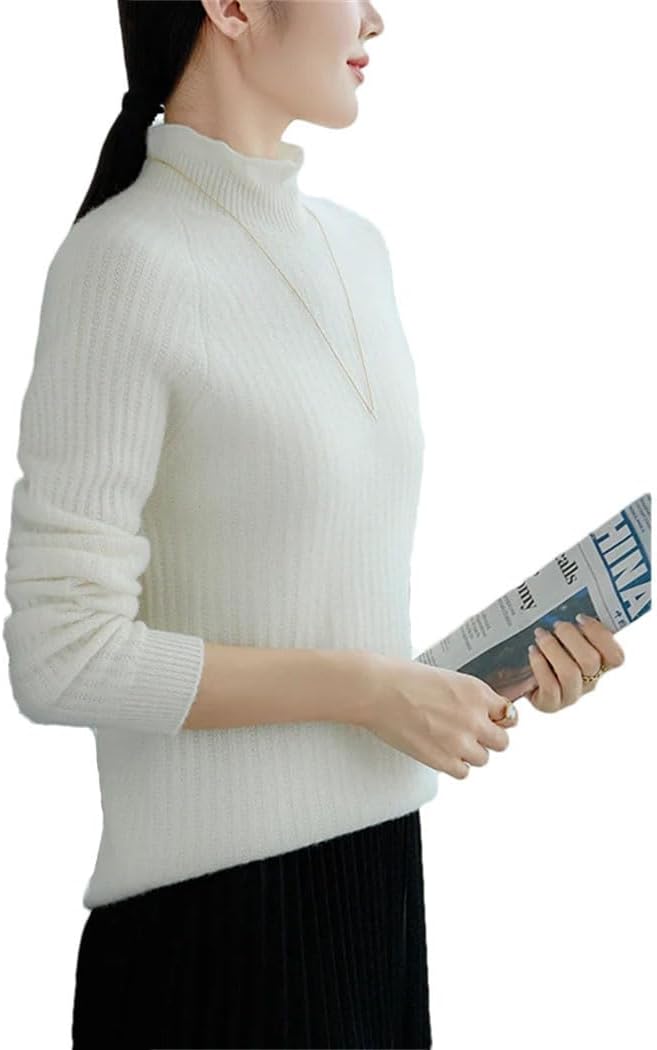 Women's 100% Merino Wool Sweaters Curled Collar Ribbed Knit Pullover Jumper Winter Thickening Warm Soft Tops