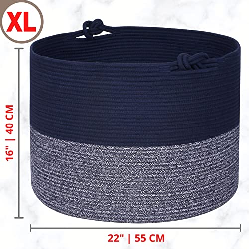 Mintwood Design Xxxxlarge 22 X 16 Inches Decorative Cotton Rope Basket, Blanket Basket Living Room, Laundry Basket, Woven Basket, Toy Storage Baskets Bin, Round Basket For Pillows, Towels, Navy Blue #TOP1