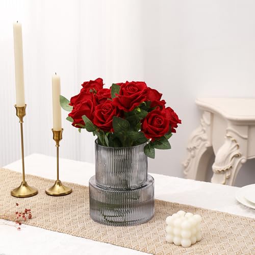 Miniatura 4 de Kayletin Jarrón De Cristal Negro Acanalado Y Estriado, Moderno Para Sala De Estar Y Oficina, 19 Cm