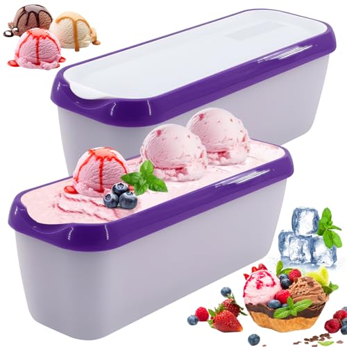 SUNJULY 1.5 L Eisbehälter für Speiseeis, 2er-Set Wiederverwendbare Aufbewahrungsbehälter für Eis mit Silikon-Deckel, Tapelbare Gefrierschrank BPA-frei für Selbstgemachtes Eis,Küchenhelfer-Zubehör-Lila