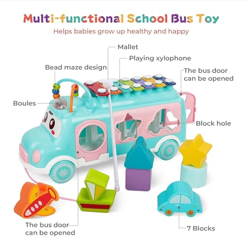 Image of StarAndDaisy Activity Musical Bus School Bus Xylophone Toy for Toddlers, Infant School Bus Toy for Kids , Baby Musical Bus Toys for 1 Year Old, Shape Sorter Push & Pull Educational and Learning Toys