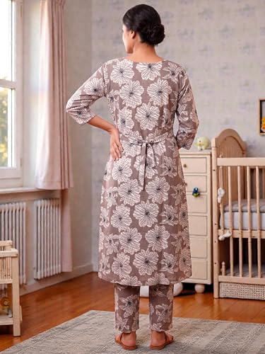 Image of RITIJYA Pure Cotton Feeding Kurta Pant Set for Women | Floral Anarkali Pregnancy Dress with Concealed Nursing Zipper Side Pocket | Pre & Post Partum | Maternity Dresses | Baby Shower Outfit