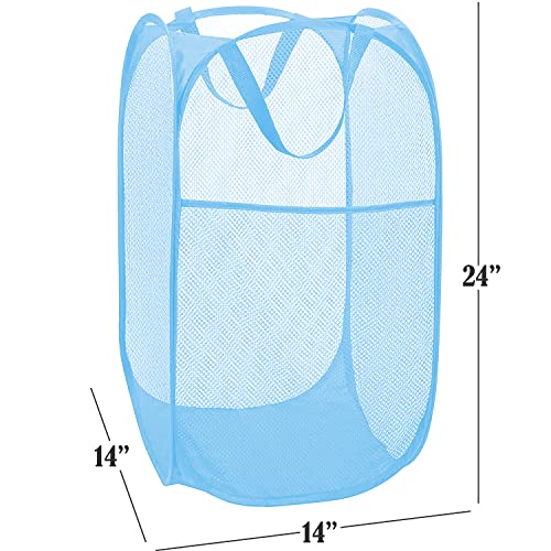 Image of BATTOO Deluxe Strong Mesh Pop up Laundry Hamper Basket with Side Pocket Foldable Hamper for Laundry Room, Bathroom, Kids Room, College Dorm or Travel Light Blue