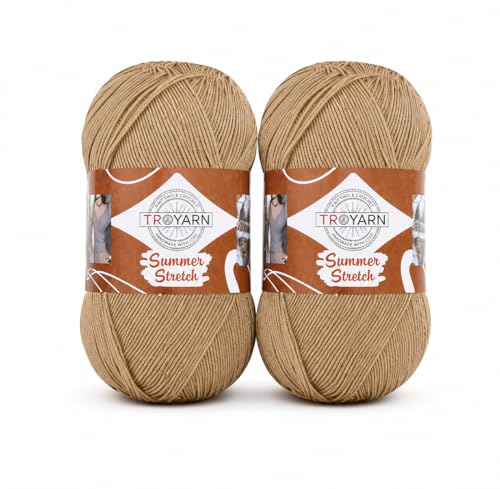 TROYARN Summer Stretch Yarn for Crochet and Knitting, 2 Skeins, 200g Total, 876 Yards (800 m), Soft Elastic Acrylic Blend for Bikinis, Tops, Bags and Lightweight Summer Projects, Light Beige 114368