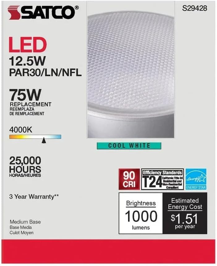 Satco S29428 12.5 Watt; PAR30LN LED; 4000K; 6-Pack California Compliant