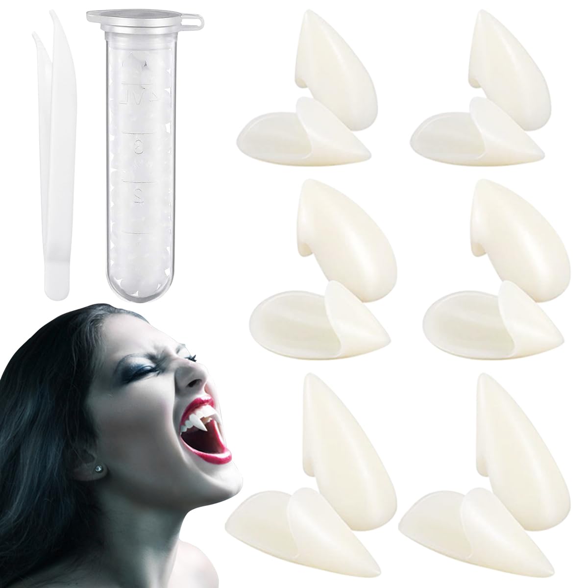 6 Pairs of Vampire Teeth, 3 Sizes of Vampire Teeth Accessories with a Tube of Teething Gel, Vampire Teeth for Children for Role Play, Halloween Party (15, 17, 19 mm)