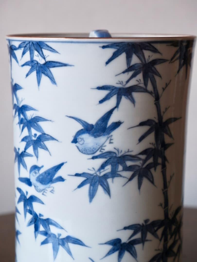 美品　水差し　手描き 白凰 染付竹雀中置水指 陶磁工芸 水差し 茶道具 Q2089 茶道具 水指 細