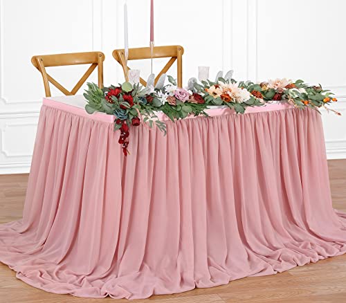 QueenDream 6ft Dusty Rose Chiffon Table Skirt Sheer for Rectangle Tables or Round Tables Sheer Tablecloth for Wedding Baby Girl Birthday Party Bridal Shower Decoration