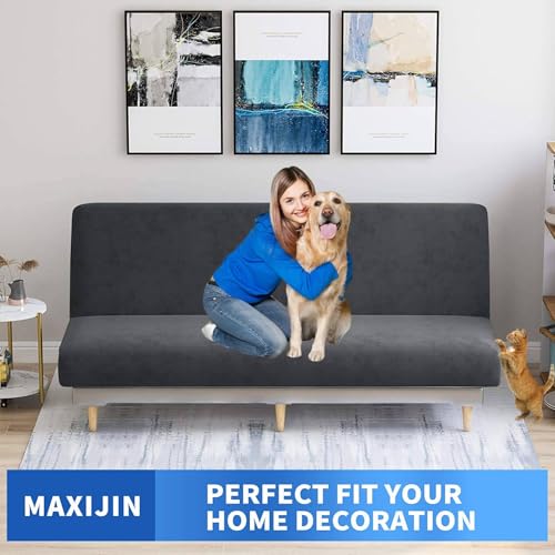MAXIJIN Velvet Futon Cover Full Size Stretch Futon Mattress Cover Thick Soft Armless Sofa Bed Slipcover Plush Couch Furniture Protector with Elastic Bottom, Machine Washable (Gray) - Image 3