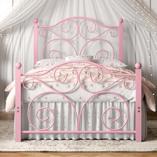 Image of VECELO Twin Size Bed Frame with Headboard and Footboard, Heavy Duty Metal Slat Support, Platform Mattress Foundation, No Box Spring Needed, Easy Assembly, Pink
