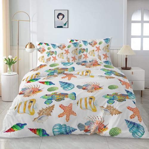 ARIGHTEX Cute Ocean Creatures Bedding, Seashell Bedding Duvet Cover Set, Beach Themed Duvet Covers (Twin)