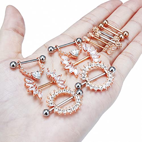Lcolyoli 14G Surgical Steel Nipple Rings Nipple Shield Barbell Ring Bar Nipple Piercing Jewelry for Women Clear Diamond CZ Set3
