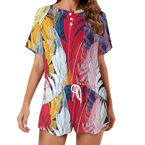 Pyjama pour femme Plumes de Couleur : l'ensemble short et manches courtes pour vos nuits d'été