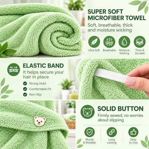 Image of Hair Towel Wrap for Women-Quick Drying Microfiber Towel for Hair with Elastic Loop for Tying-Super Absorbent Head Towels Wrap for Ladies Hair Turban (Pack of 1,Green)