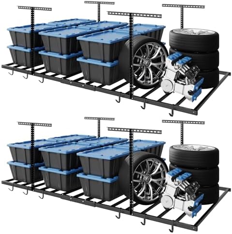 FLEXIMOUNTS 4x8 Overhead Garage Storage Rack with 6 Hooks, Adjust...