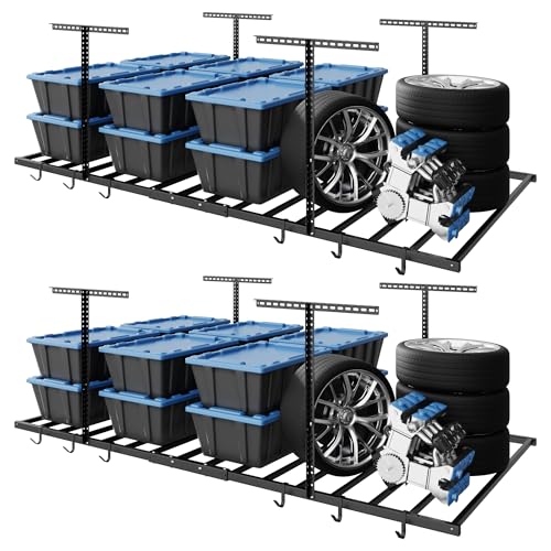 FLEXIMOUNTS 4x8 Overhead Garage Storage Rack with 6 Hooks, Adjustable Storage Organization System, Heavy-Duty Metal Ceiling Racks, 22.6