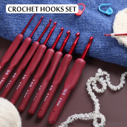 Image of VIRADHAM Crochet Hooks Set of 9 - Aluminum Crochet Needles with Soft Rubber Handles And Stitch Markers - Ergonomic Kit for Arthritic Hands - Comfortable Grip Yarn Craft Tools for All Skill Levels (Red)