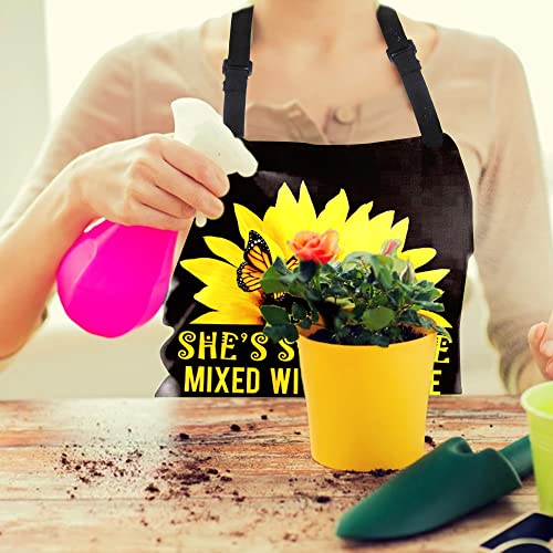 Chaonety Sunflower And Butterfly Apron For Women Chef Apron With Adjustable Neck Strap Unisex Kitchen Apron For Baking Cooking Gardening And Painting, Black, 29.5*25.6 In #TOP5