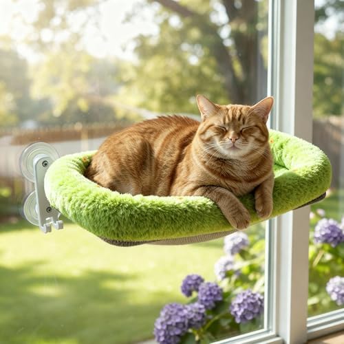 Cordless Cat Window Perch, Foldable Cat Window Hammock, 4 Strong Suction Cups, Solid Metal Frame, Patented Hook Design, Cushion Green, L