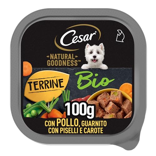 Cesar Natural Goodness Bio, al Gusto di Pollo e Verdure, Cibo Umido Biologico Completo per Cani, 16 Vaschette da 100g