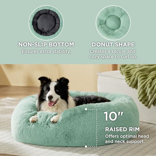 Image of Bedsure Calming Dog Bed for Large Dogs - Donut Washable Large Pet Bed, 36 inches Anti-Slip Round Fluffy Plush Faux Fur Dog Bed, Fits up to 80 lbs Pets, Apple Green