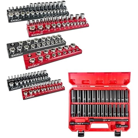 EACELIY 29pcs 1/2" Drive Deep Impact Socket Set & 6Pcs Magnetic Socket Organizer Set Cover